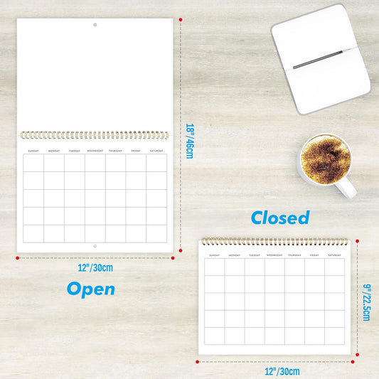 Blank Scrapbook Wall Calendar, Spiral-Bound Hanging Monthly Calendar, DIY Blank Calender with 400 Stickers for Office, Home, Kids, Adults (12” x 9” closed,18” x 12” open size)