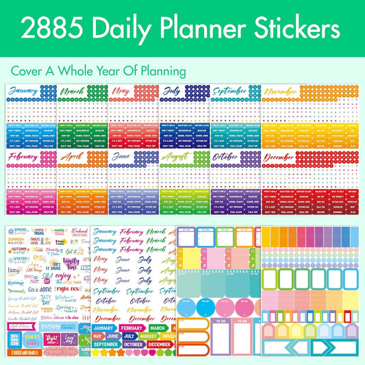 2885 Planner Stickers, Color Coordinating Monthly Functional Stickers Daily Calendar Stickers Aesthetic Note to Do Blank Stickers for Scrapbooks, Planner, Budget, Work, DIY Activity, Diary, Journal