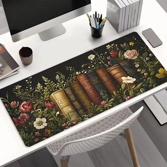 Vintage Books and Flowers Large Gaming Mouse Pad, Aesthetic, Washable Rubber Pad, Non-Slip Lock Edge, Multi-Size, Suitable For Home Office, Office Desk Accessories, gaming desk accessory, Desk Decor, Desk Gadgets