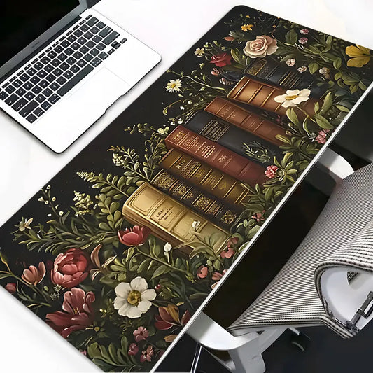 Vintage Books and Flowers Large Gaming Mouse Pad, Aesthetic, Washable Rubber Pad, Non-Slip Lock Edge, Multi-Size, Suitable For Home Office, Office Desk Accessories, gaming desk accessory, Desk Decor, Desk Gadgets