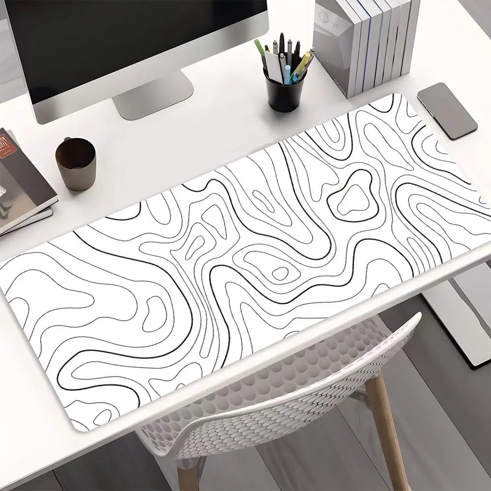 1 Piece Black Lines Topographic Large Gaming Mouse Pad, Abstract Streamline Non-Slip Rubber Base Stitched Lock Edge Desk Mat, Durable Computer Suitable for Home Office & Gaming Setup,Perfect Gift For Gamers
