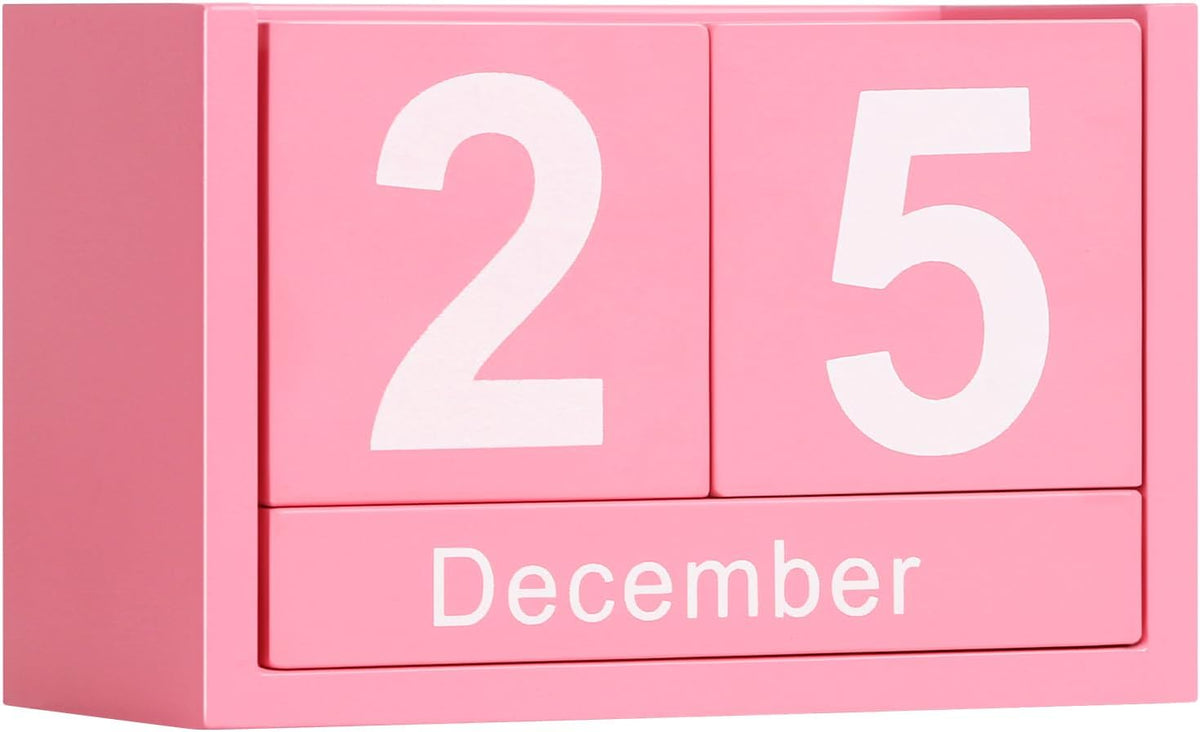 Wooden Block Calendar for Desk, Small Size Daily Desktop Perpetual Desk Calendar, Cute Date Display Desk Accessories for Home Office Decor, Teacher, Classroom, Reusable Yearly, Pink