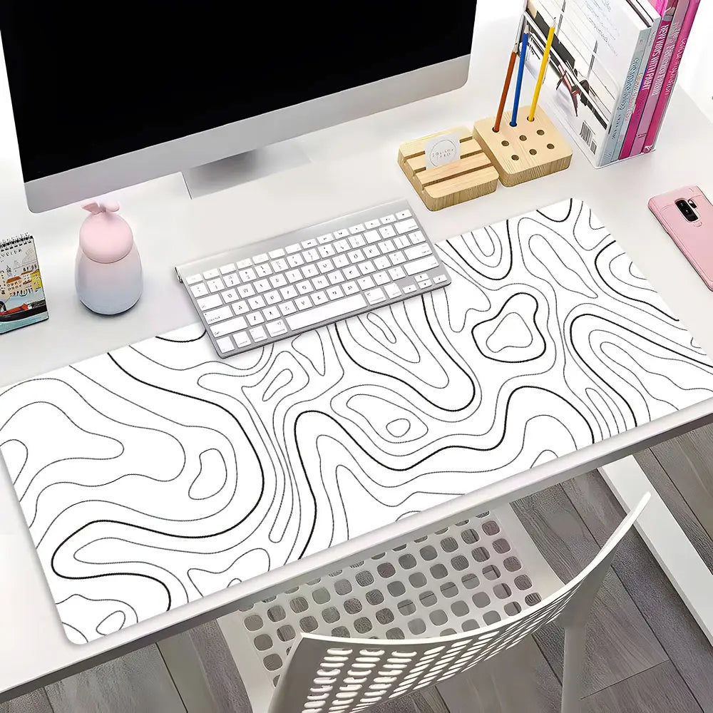 1 Piece Black Lines Topographic Large Gaming Mouse Pad, Abstract Streamline Non-Slip Rubber Base Stitched Lock Edge Desk Mat, Durable Computer Suitable for Home Office & Gaming Setup,Perfect Gift For Gamers