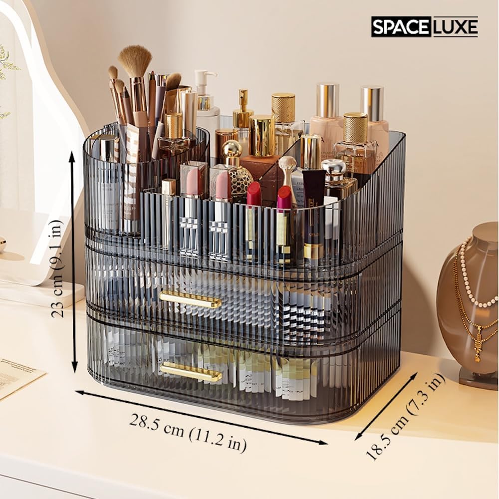 Large Makeup Organizer with Drawers, 360° Rotating Brush Holder