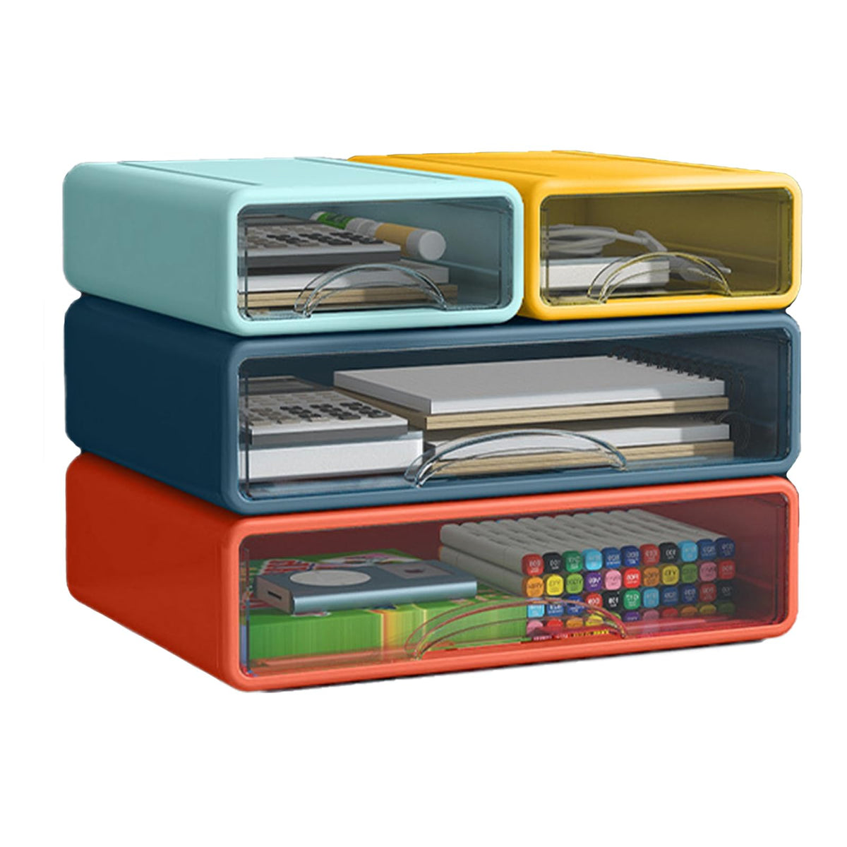 Desk Organizer with Drawers, Stackable Storage Drawers with Compartments Desktop Organization for Office Supplies, Makeup, Pencils, Tape, Erasers, Paperclips, Chargers (4 Pack)