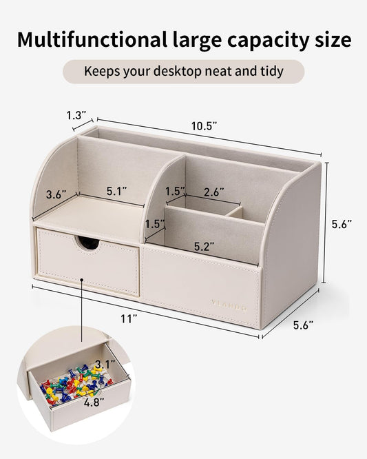 VLANDO Office Desk Organizer Leather Desktop Organizer Caddy with Drawer for Storing Desktop Supplies and Accessories (White)