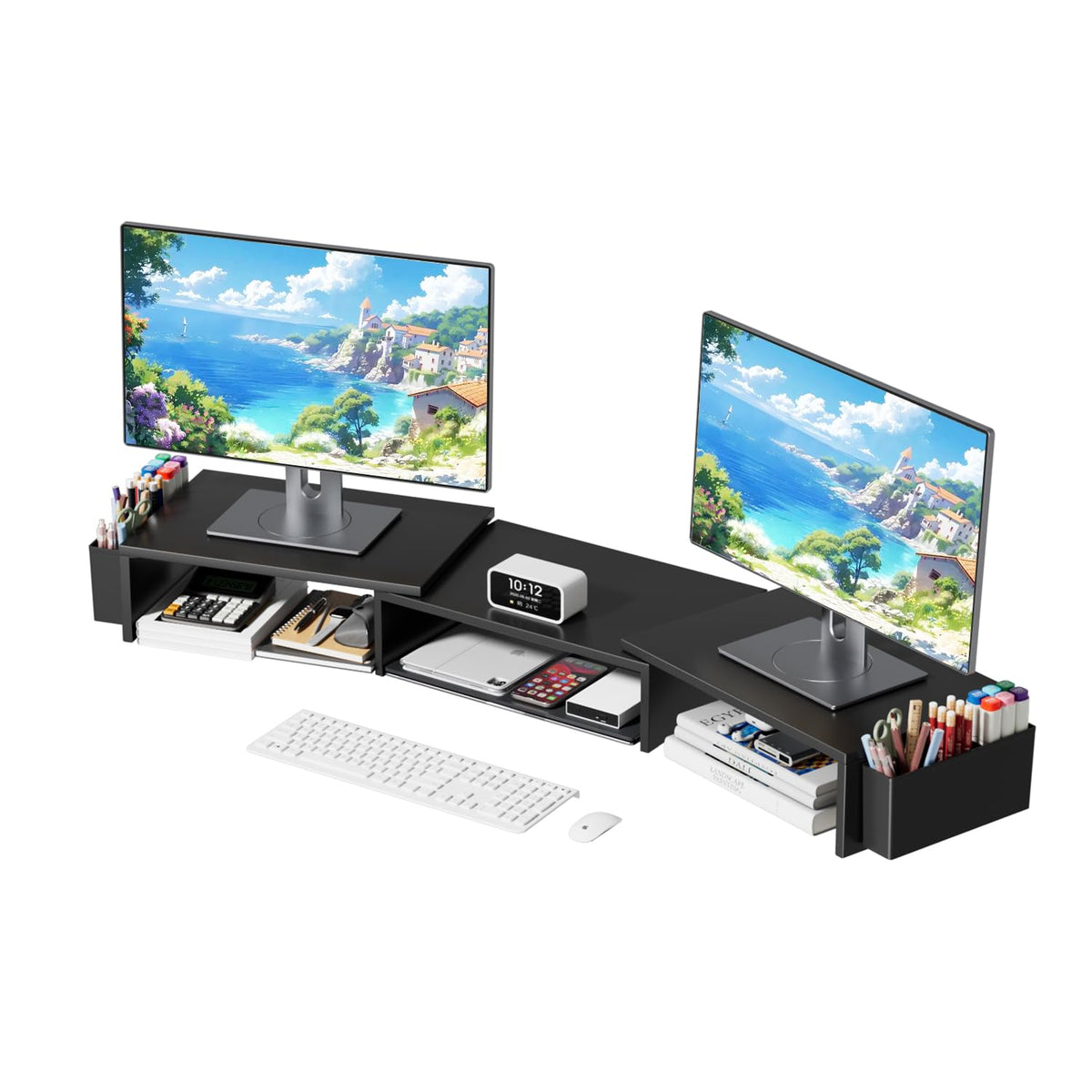 AUPSEN Wood Desk Organizers and Accessories, 2-Tier Computer Monitor Stand Riser with Drawer, Pen Storage & Phone Holder, Office Desk Accessories, Workspace Desktop Organization for Office Supplies（Brown）