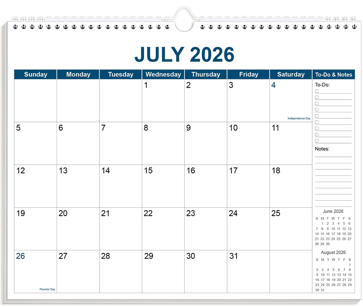 Calendar 2026-27 - Calendar 2026-2027 from July 2026 to December 2027, Spiral Binding Hanging Wall Calendar 2026 for Home/Office, 8.5" x 11", Black