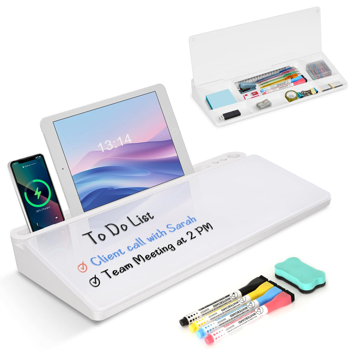 Desktop Glass Whiteboard with Storage, Desk Dry Erase White Board Black