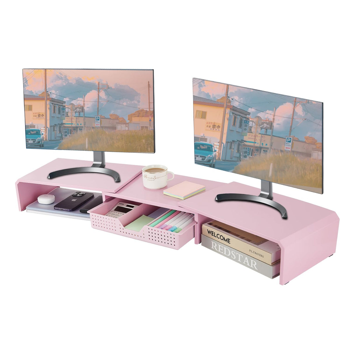 LEKETREE Dual Monitor Stand Riser with Drawer and 2 Pen Holders, Pink