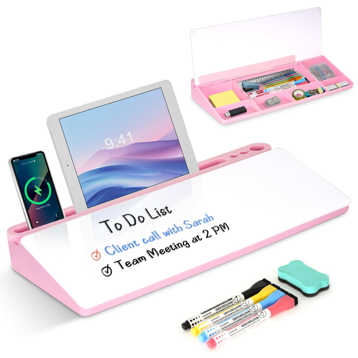 Desktop Glass Whiteboard with Storage, Desk Dry Erase White Board Black