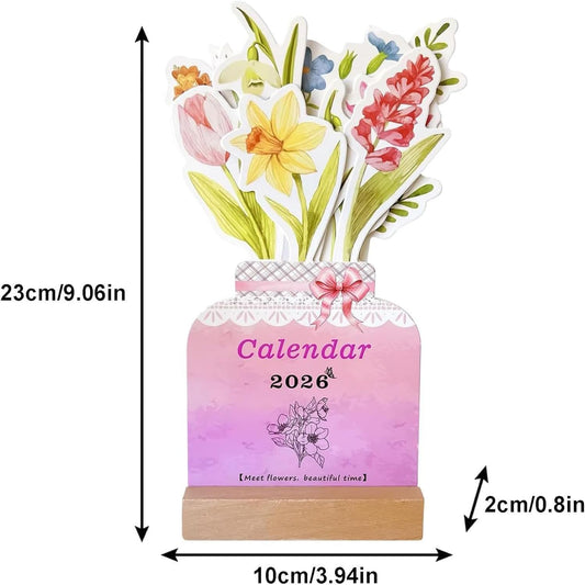2026 Flowers Desk Calendar, Creative Flower Small Desk Calendar, Floral Desktop Calendar with Wooden Base for Home, Office and Desk Accessories