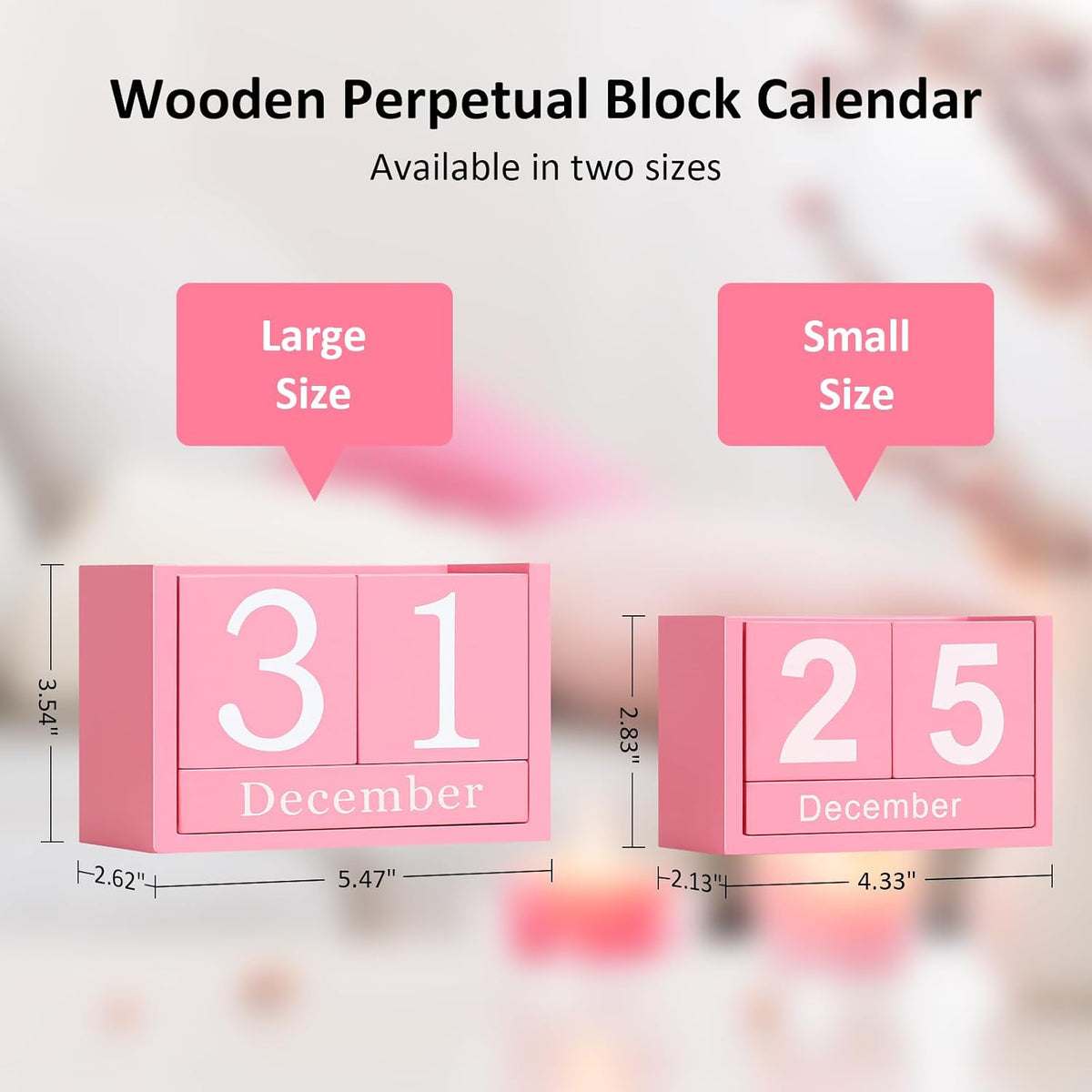 Wooden Block Calendar for Desk, Small Size Daily Desktop Perpetual Desk Calendar, Cute Date Display Desk Accessories for Home Office Decor, Teacher, Classroom, Reusable Yearly, Pink