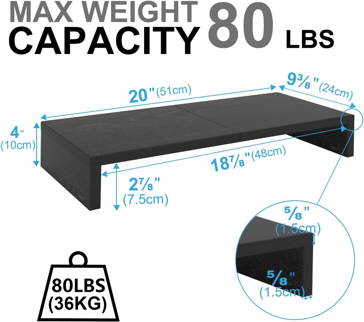 TEAMIX 2-Pack Monitor Stand Riser 20 inch, Wood Desk Computer Shelf, Black