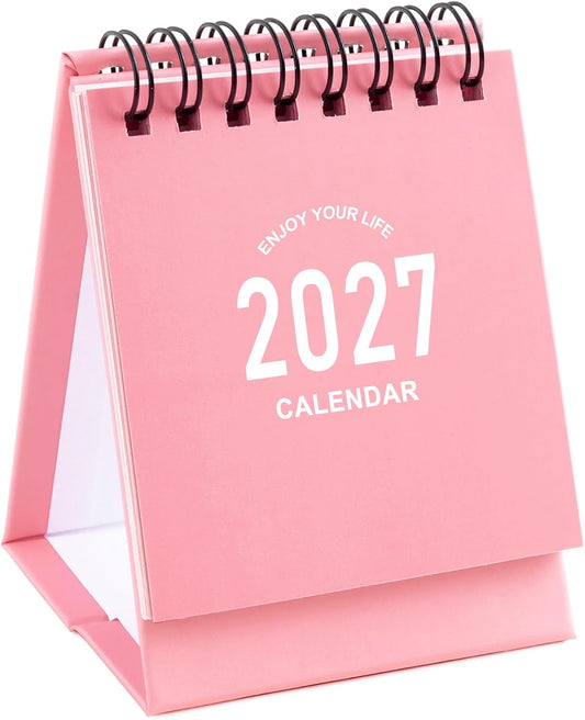 Mini Desk Calendar 2027-2028 - Jan 2027 to June 2028 Small Desktop Calendar Mini Daily Schedule Thick Paper Twin-Wire Binding with Stickers for Home Office School (Mini Pink)