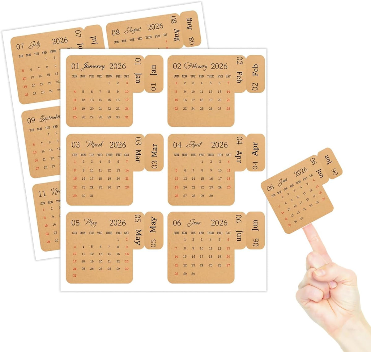 2026 Calendar Stickers Kraft Monthly Planner Index Divider 120Pcs