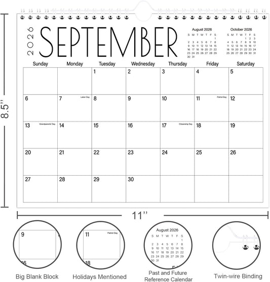 Calendar 2026-2027 - 17 Months Wall Calendar from September 2026 to December 2027, 11'' x 8.5'' Calendar 2026-2027 with Holiday Marked, Premium Paper for Organizing, Black Large Word
