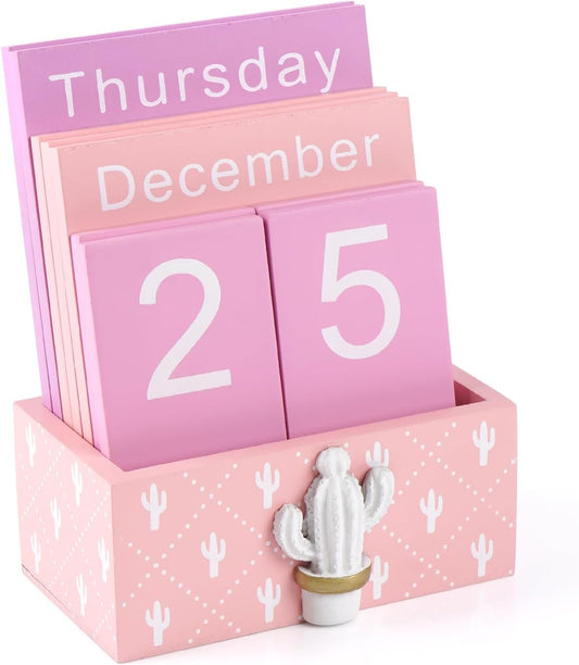 Notakia Perpetual Calendar Wooden Blocks Vintage Wood Block Calendar for Home Office Desk Accessories Week Month Date Display (Pink Calendar)