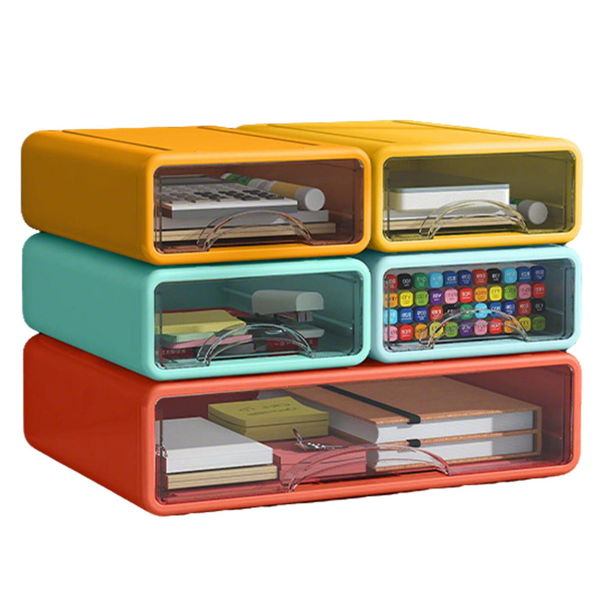 Desk Organizer with Drawers, Stackable Storage Drawers with Compartments Desktop Organization for Office Supplies, Makeup, Pencils, Tape, Erasers, Paperclips, Chargers (4 Pack)