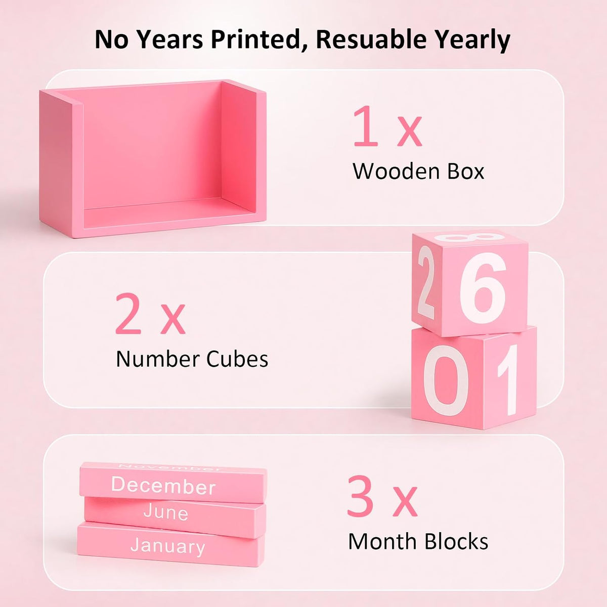 Wooden Block Calendar for Desk, Small Size Daily Desktop Perpetual Desk Calendar, Cute Date Display Desk Accessories for Home Office Decor, Teacher, Classroom, Reusable Yearly, Pink