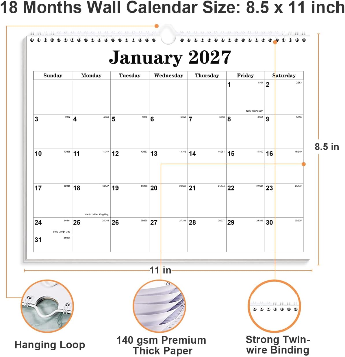 Calendar 2026-27 - Calendar 2026-2027 from July 2026 to December 2027, Spiral Binding Hanging Wall Calendar 2026 for Home/Office, 8.5" x 11", Black