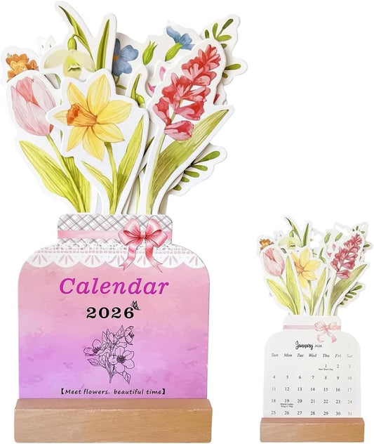 2026 Flowers Desk Calendar, Creative Flower Small Desk Calendar, Floral Desktop Calendar with Wooden Base for Home, Office and Desk Accessories