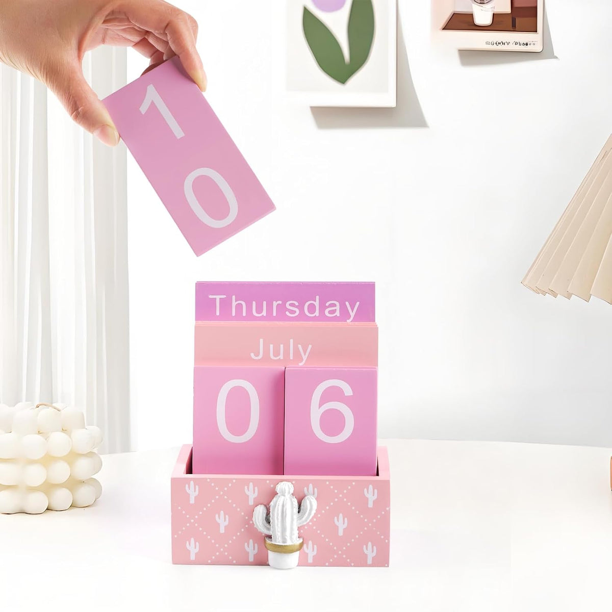 Notakia Perpetual Calendar Wooden Blocks Vintage Wood Block Calendar for Home Office Desk Accessories Week Month Date Display (Pink Calendar)