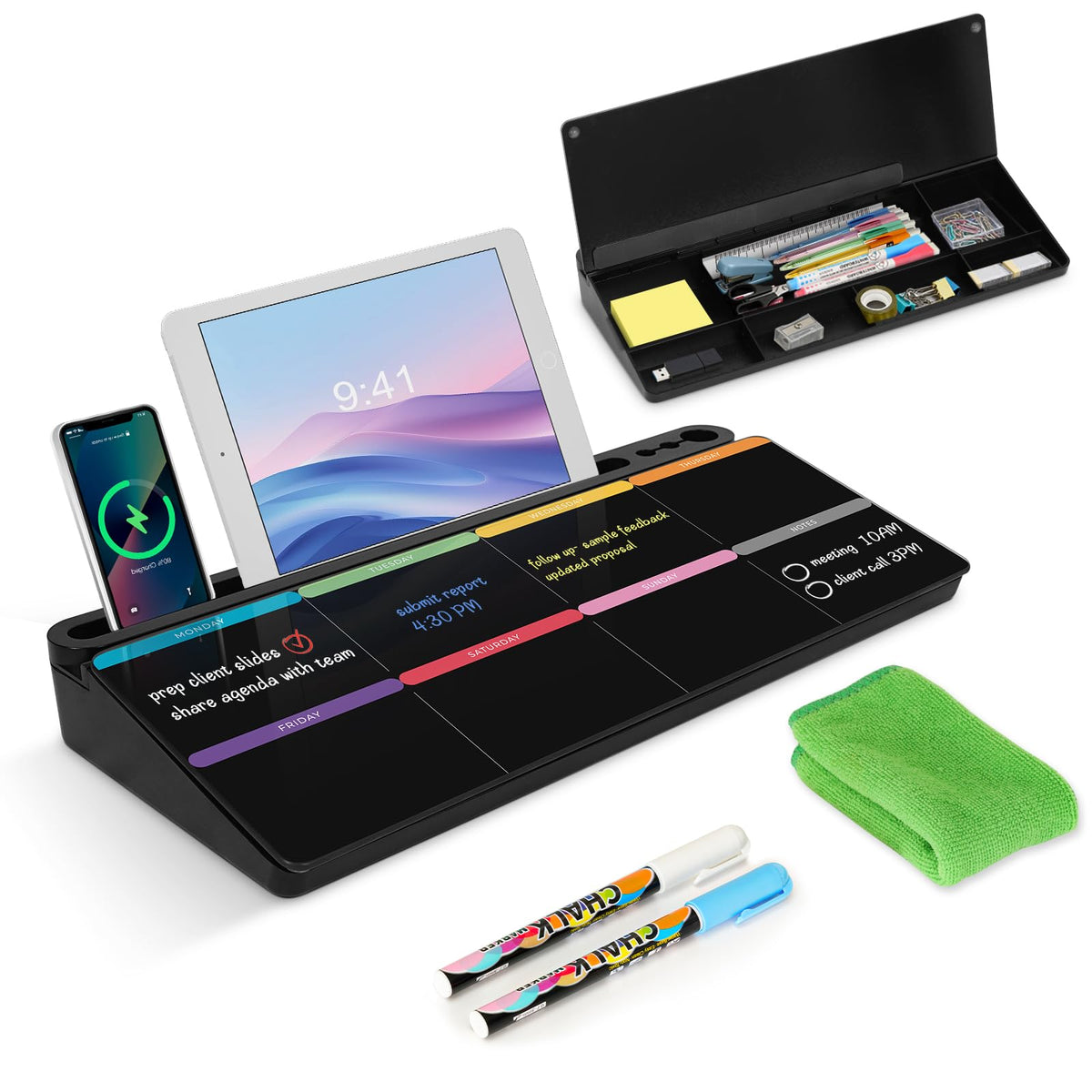 Desktop Glass Whiteboard with Storage, Desk Dry Erase White Board Black