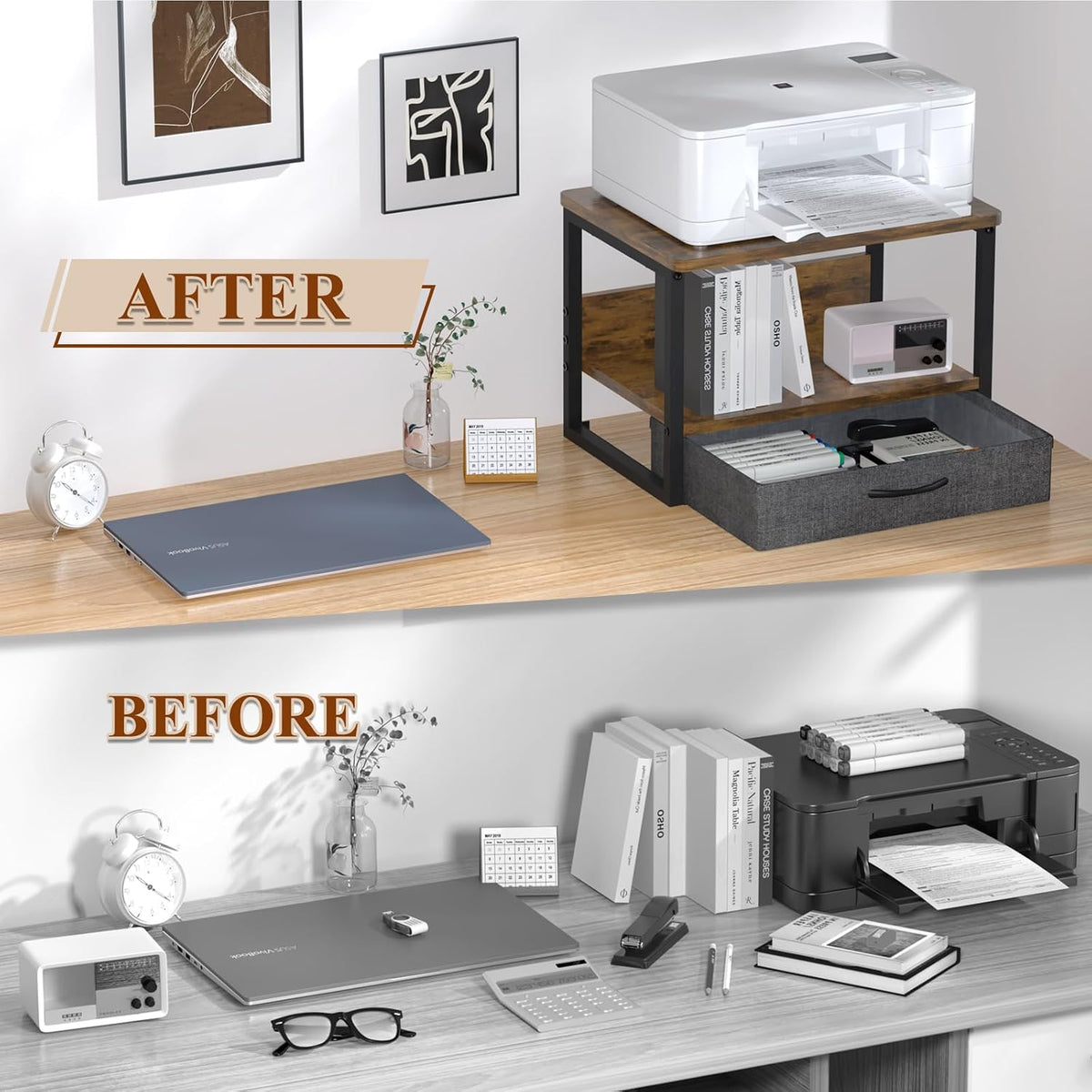 MARTY Desktop Printer Stand with Storage Drawer, Printer Riser for Desk