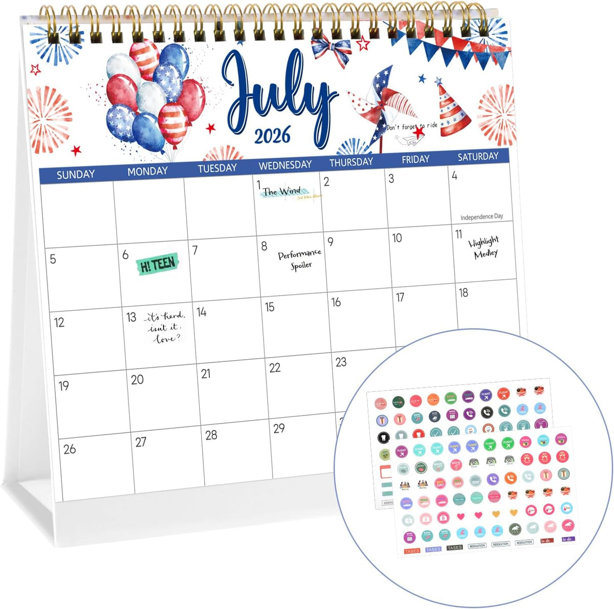 2026-2027 Mini Desk Calendar with Stickers, 8" x 6" 18 Months Festival Watercolor
