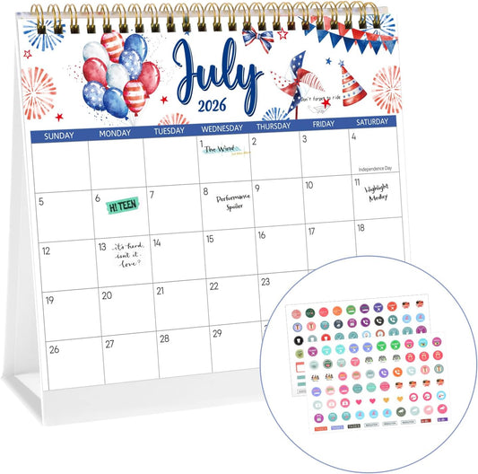 2026-2027 Mini Desk Calendar with Stickers, 8" x 6" 18 Months Festival Watercolor