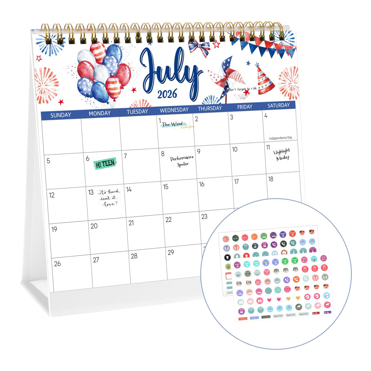 2026-2027 Mini Desk Calendar with Stickers, 8" x 6" 18 Months Festival Watercolor