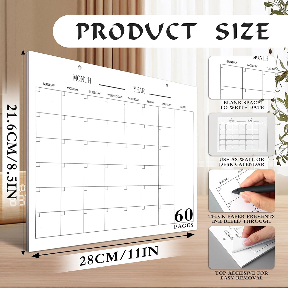 Gueevin 2026 Undated Monthly Blank Calendar Sheet 8.5"x11" Classic White
