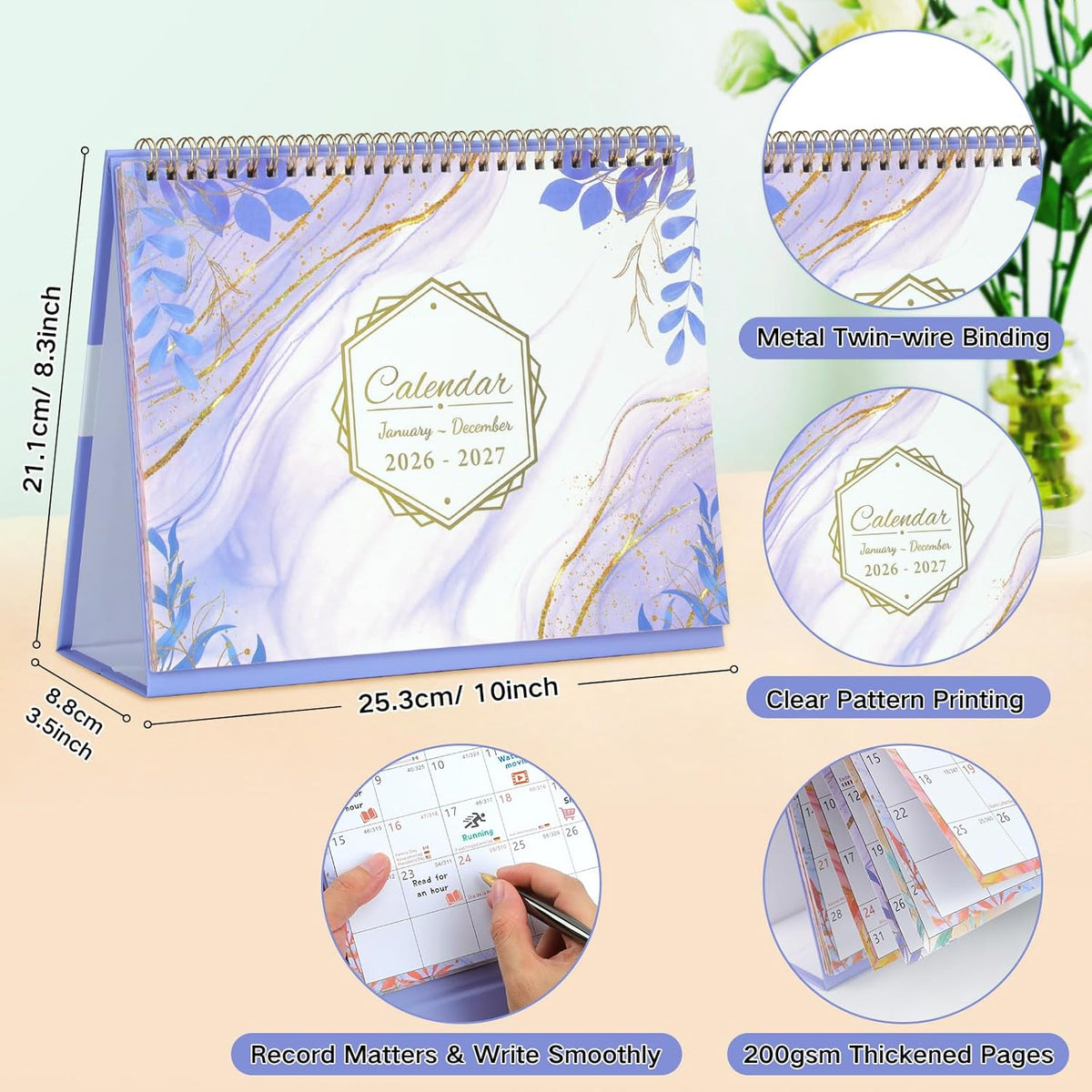 ZEEYUAN Desk Calendar 2026-2027 [Full 2-Years] Small Monthly Desktop Standing Up Flip Calendar 24-Month (Jan.2026- Dec.2027) Cute Office Desk Calendars with Planner for Work Home, 10x8.3inch/ Purple