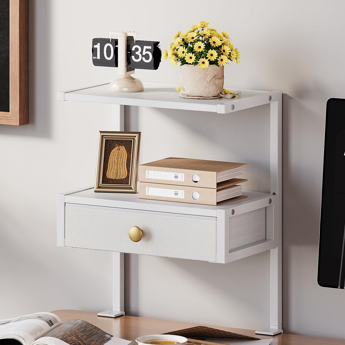 VENNQD Clamp On Desk Shelf, 2-Tier Desktop Organizer, Wood Desktop Supplies Tabletop Book Storage Rack with Adjustable Shelves for Table Working and Gaming Accessories, Black