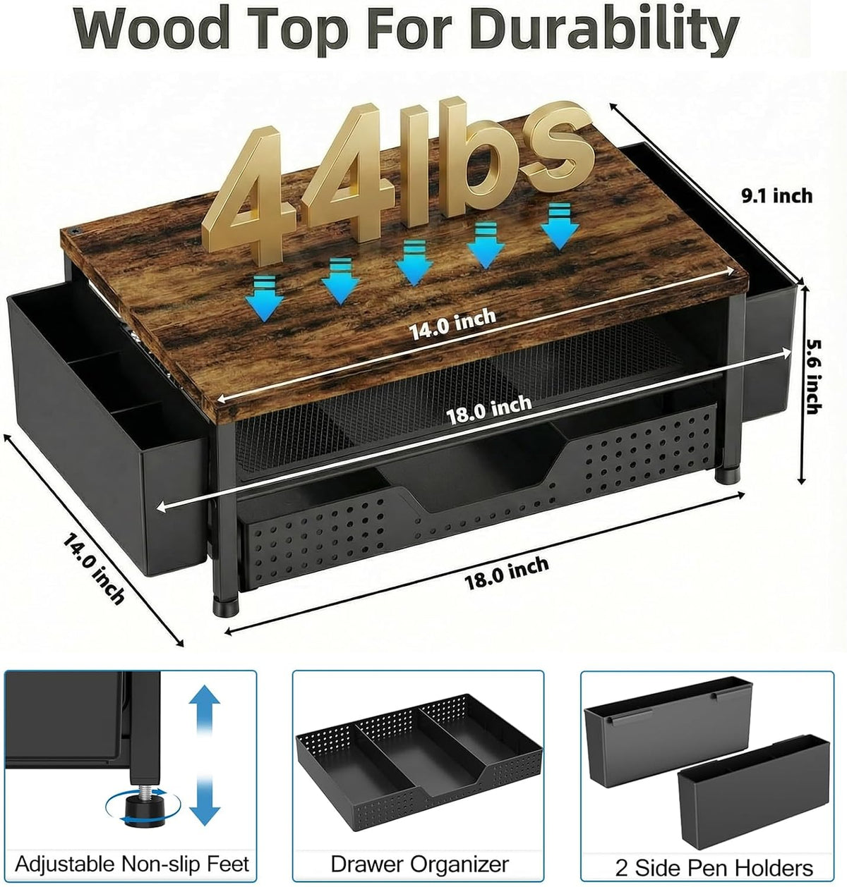 LEKETREE Wood Desk Organizer, 2-Tier Computer Monitor Stand Riser with Storage Drawer and 2 Pen Holders, Laptop & Printer Stand, Shelf for Top of Desk (Wood)