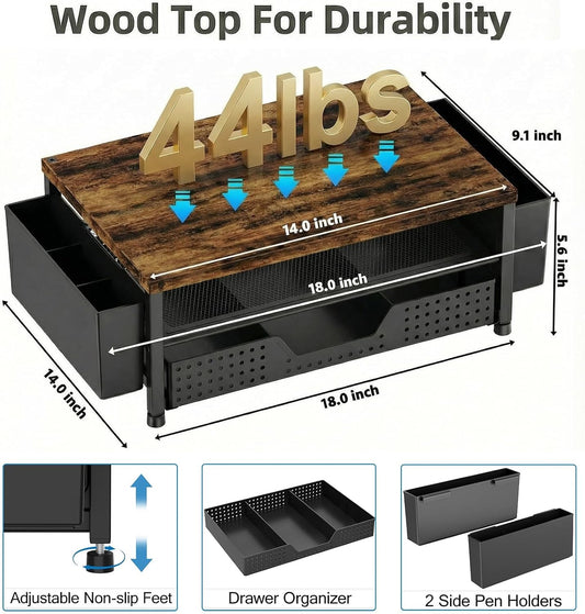 LEKETREE Wood Desk Organizer, 2-Tier Computer Monitor Stand Riser with Storage Drawer and 2 Pen Holders, Laptop & Printer Stand, Shelf for Top of Desk (Wood)