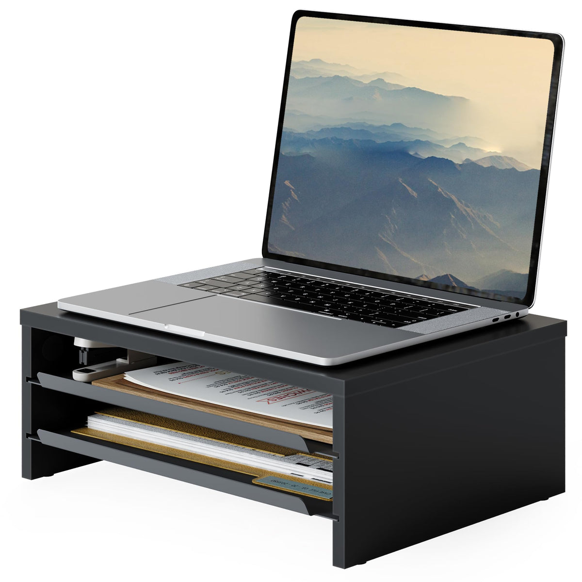 Fenge 14.3-Inch Monitor Stand with Slide-Out Trays, Wood & Metal Desk Shelf