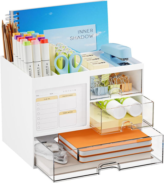 Marbrasse Desk Organizer with 3 Drawer, Multi-Functional Pencil Pen Holder for Desk, Desk Organizers and Accessories with 4 Compartments, Desktop Organizer Storage for Office Home Art Supplies (White)