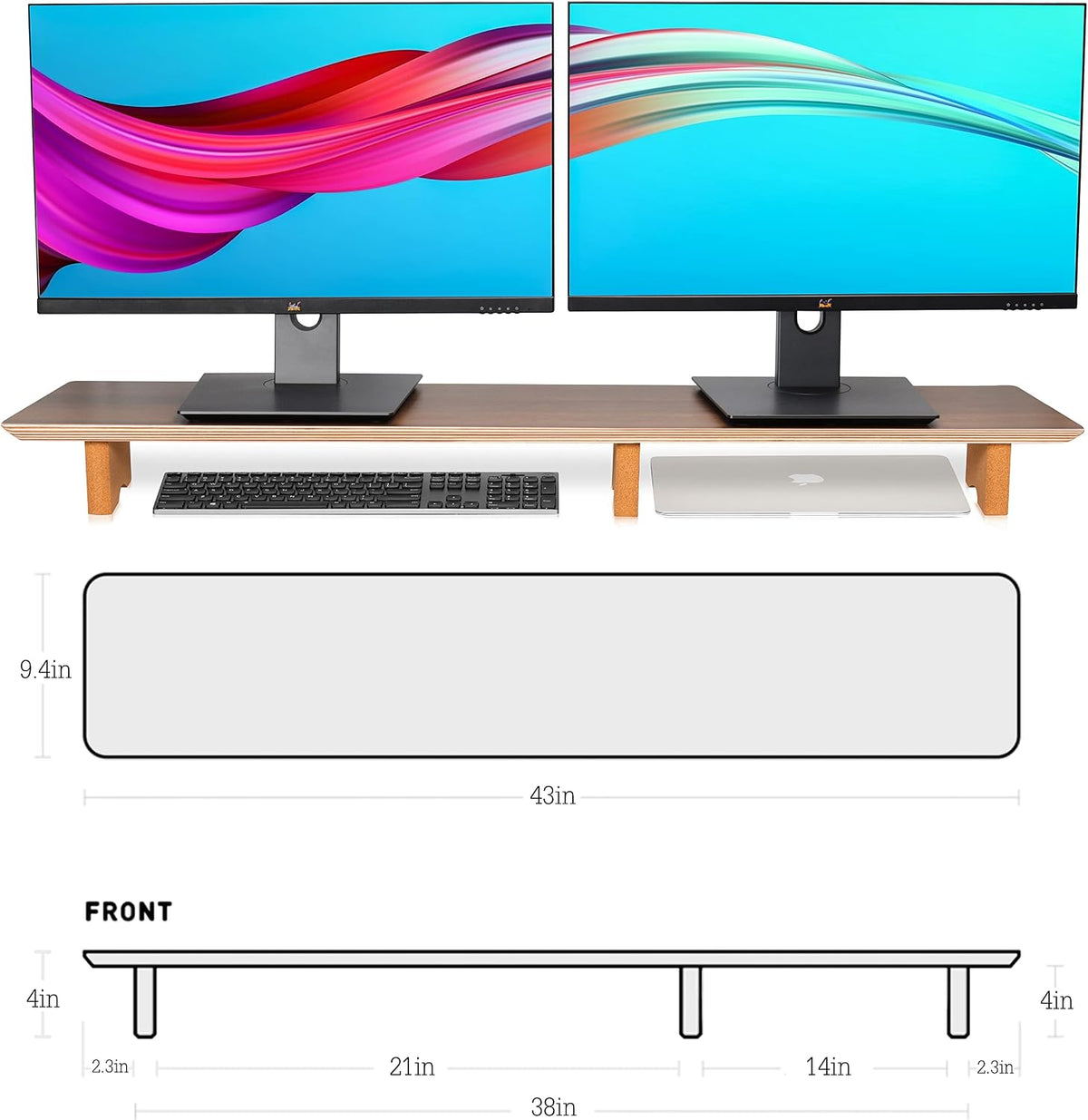 Aothia 43 inch Black Walnut Finish Dual Monitor Stand for Desk, Cork Legs