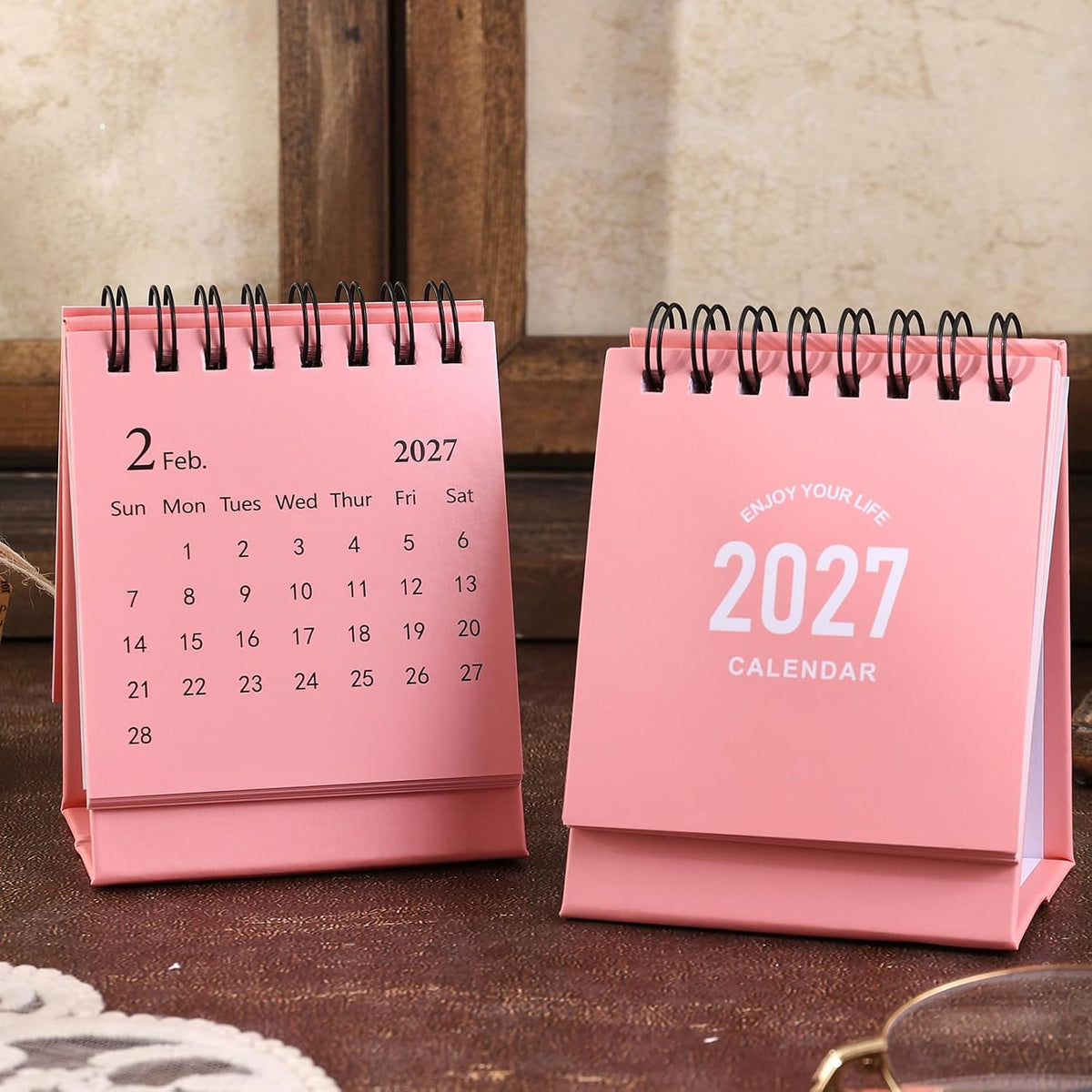 Mini Desk Calendar 2027-2028 - Jan 2027 to June 2028 Small Desktop Calendar Mini Daily Schedule Thick Paper Twin-Wire Binding with Stickers for Home Office School (Mini Pink)