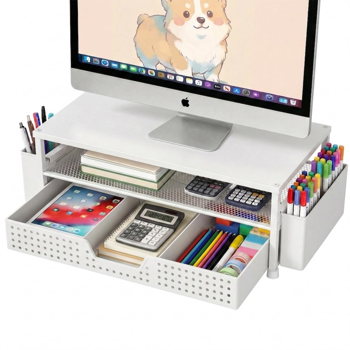ECOLOVI Desk Organizer and Accessories, 2-Tier Computer Monitor Stand Rise with Storage Drawer & 2 Pen Holders, Laptop & Printer Stand for Desktop, Workspace Organizers for Office Supplies (Brown)