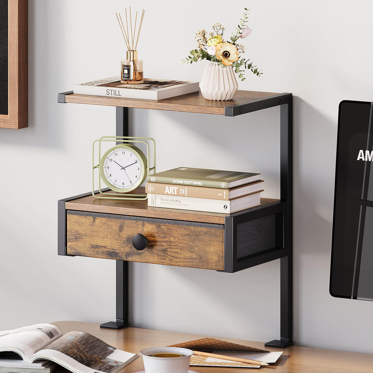 VENNQD Clamp On Desk Shelf, 2-Tier Desktop Organizer, Wood Desktop Supplies Tabletop Book Storage Rack with Adjustable Shelves for Table Working and Gaming Accessories, Black