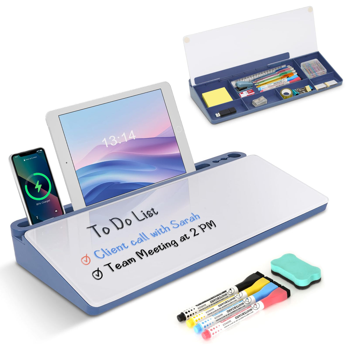 Desktop Glass Whiteboard with Storage, Desk Dry Erase White Board Black