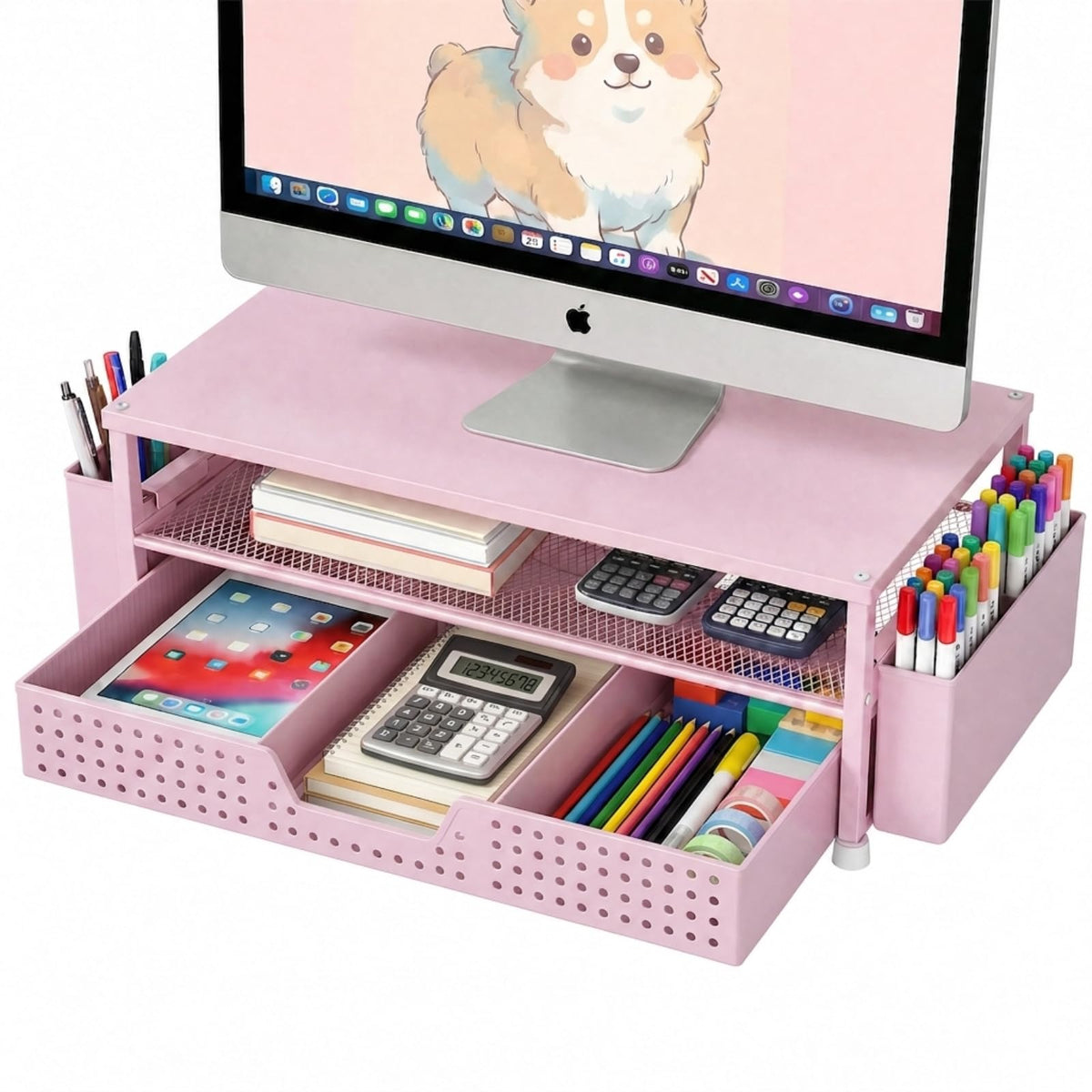 ECOLOVI Desk Organizer and Accessories, 2-Tier Computer Monitor Stand Rise with Storage Drawer & 2 Pen Holders, Laptop & Printer Stand for Desktop, Workspace Organizers for Office Supplies (Brown)