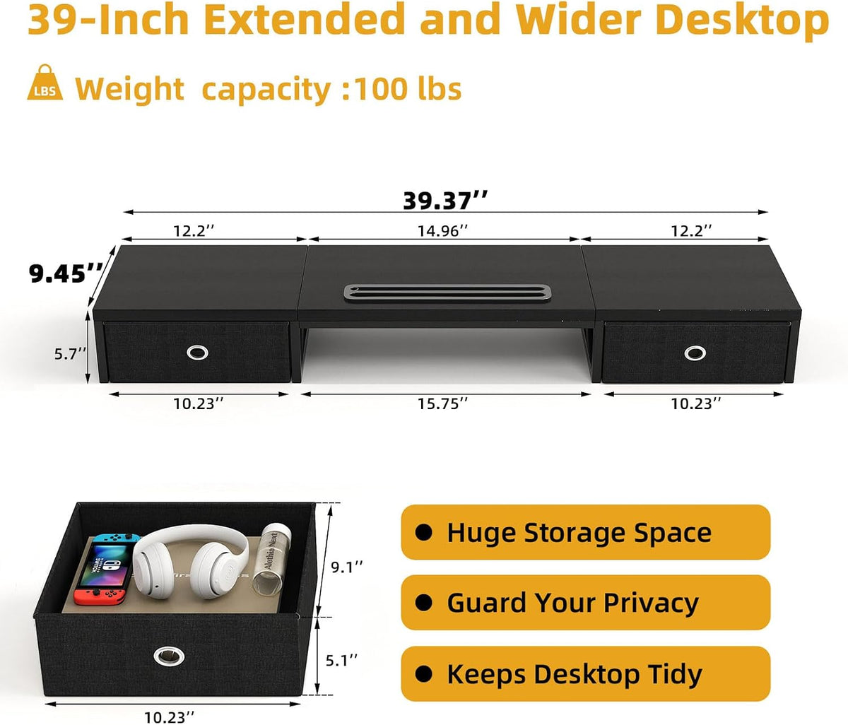 39 Inch Dual Monitor Stand Riser with 2 Drawers - Large Black Wooden Computer Stand for 2 Monitors, Ergonomic Desk Organizer with Phone Holder, Desktop Storage for Laptop, Office Supplies, Home Office