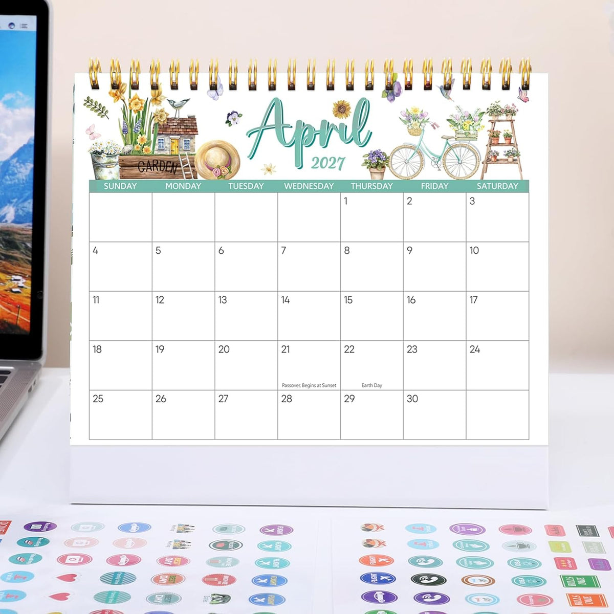 2026-2027 Mini Desk Calendar with Stickers, 8" x 6" 18 Months Festival Watercolor