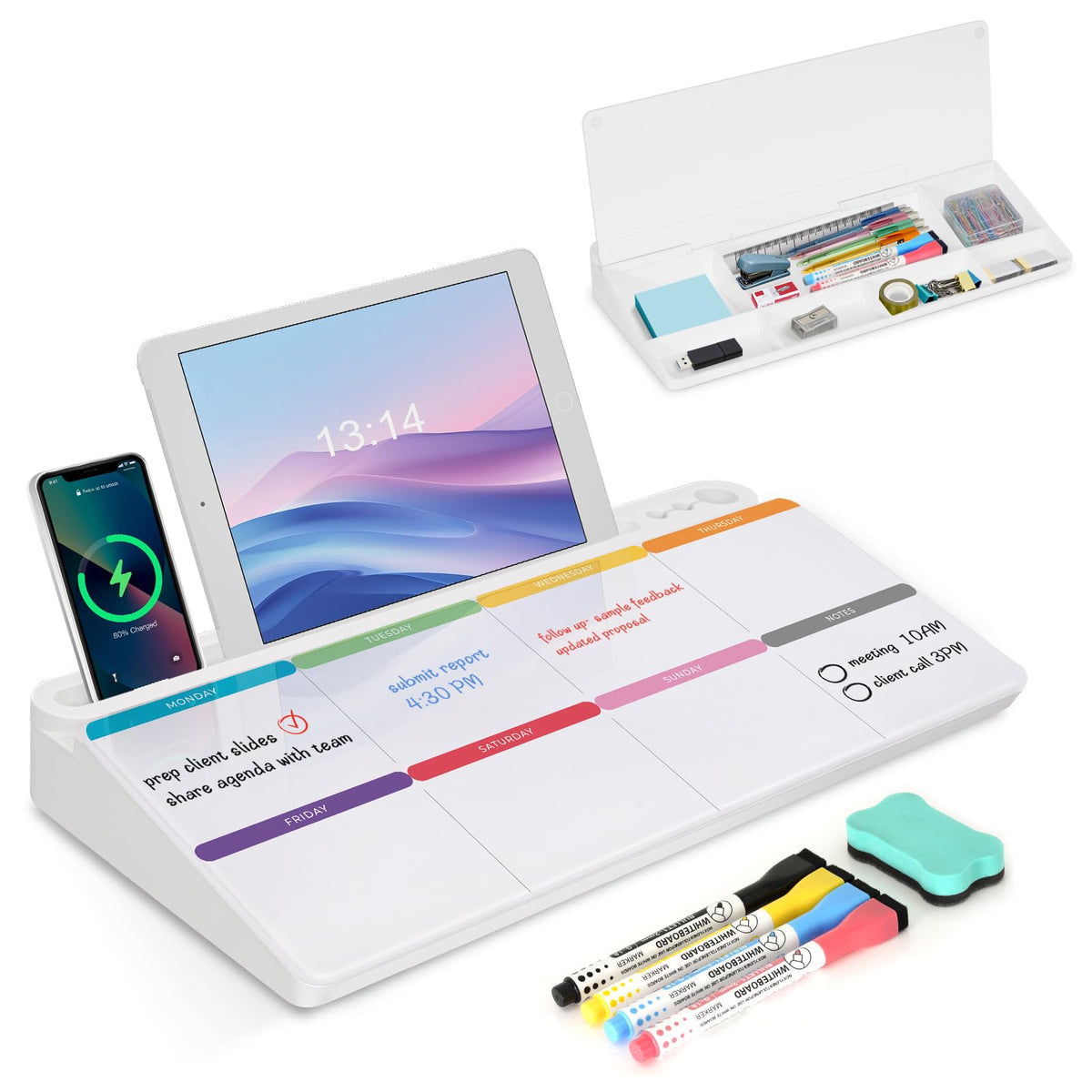 Desktop Glass Whiteboard with Storage, Desk Dry Erase White Board Black
