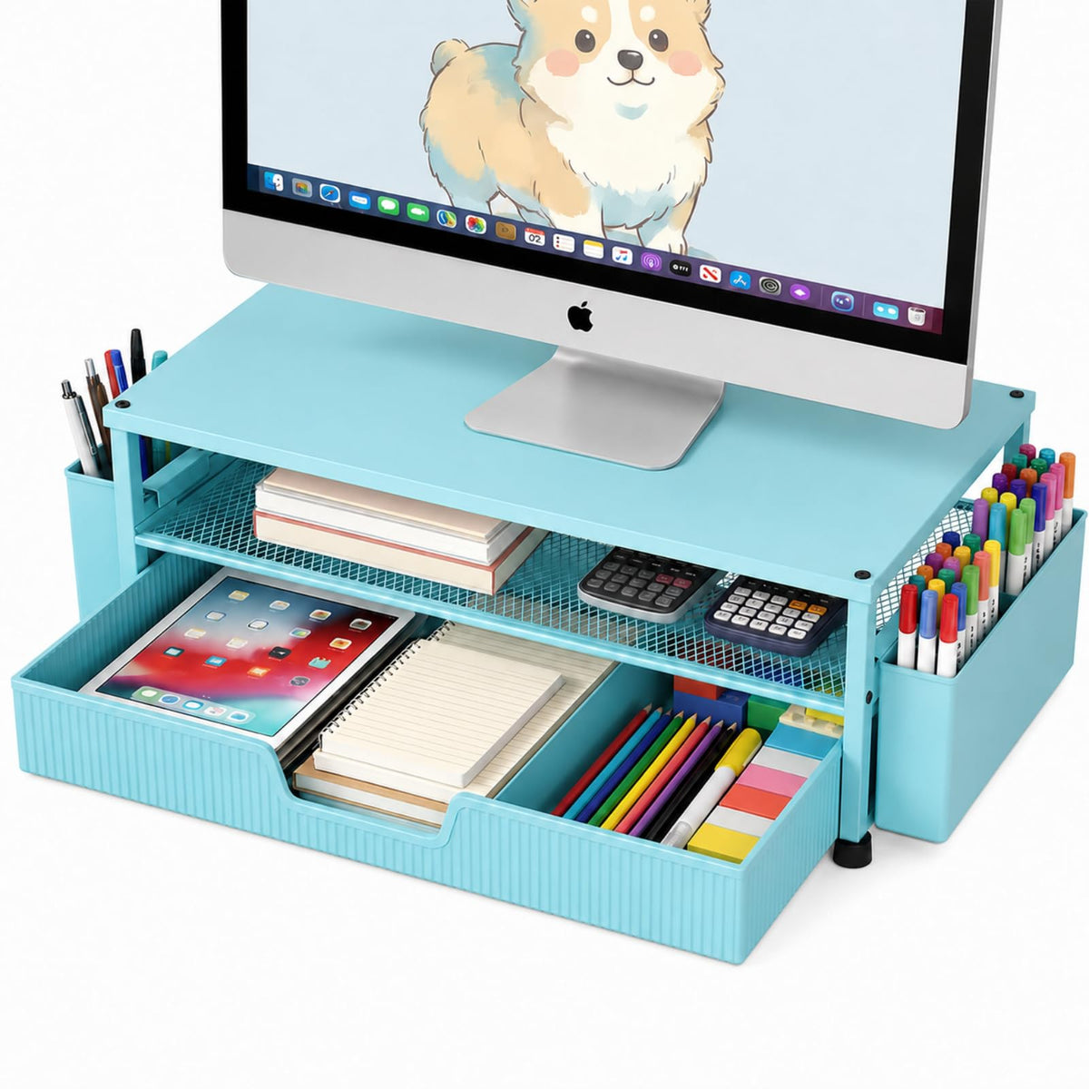 ECOLOVI Desk Organizer and Accessories, 2-Tier Computer Monitor Stand Rise with Storage Drawer & 2 Pen Holders, Laptop & Printer Stand for Desktop, Workspace Organizers for Office Supplies (Brown)