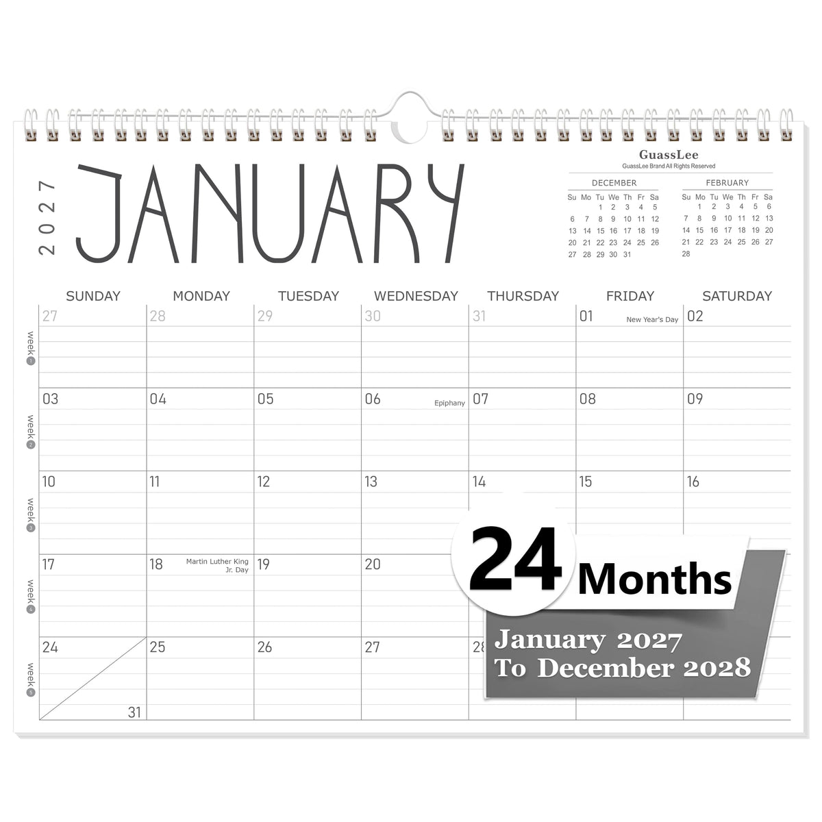 GuassLee 2027 wall calendar 12 month, Jan 2027-Dec 2027, 14"x11"